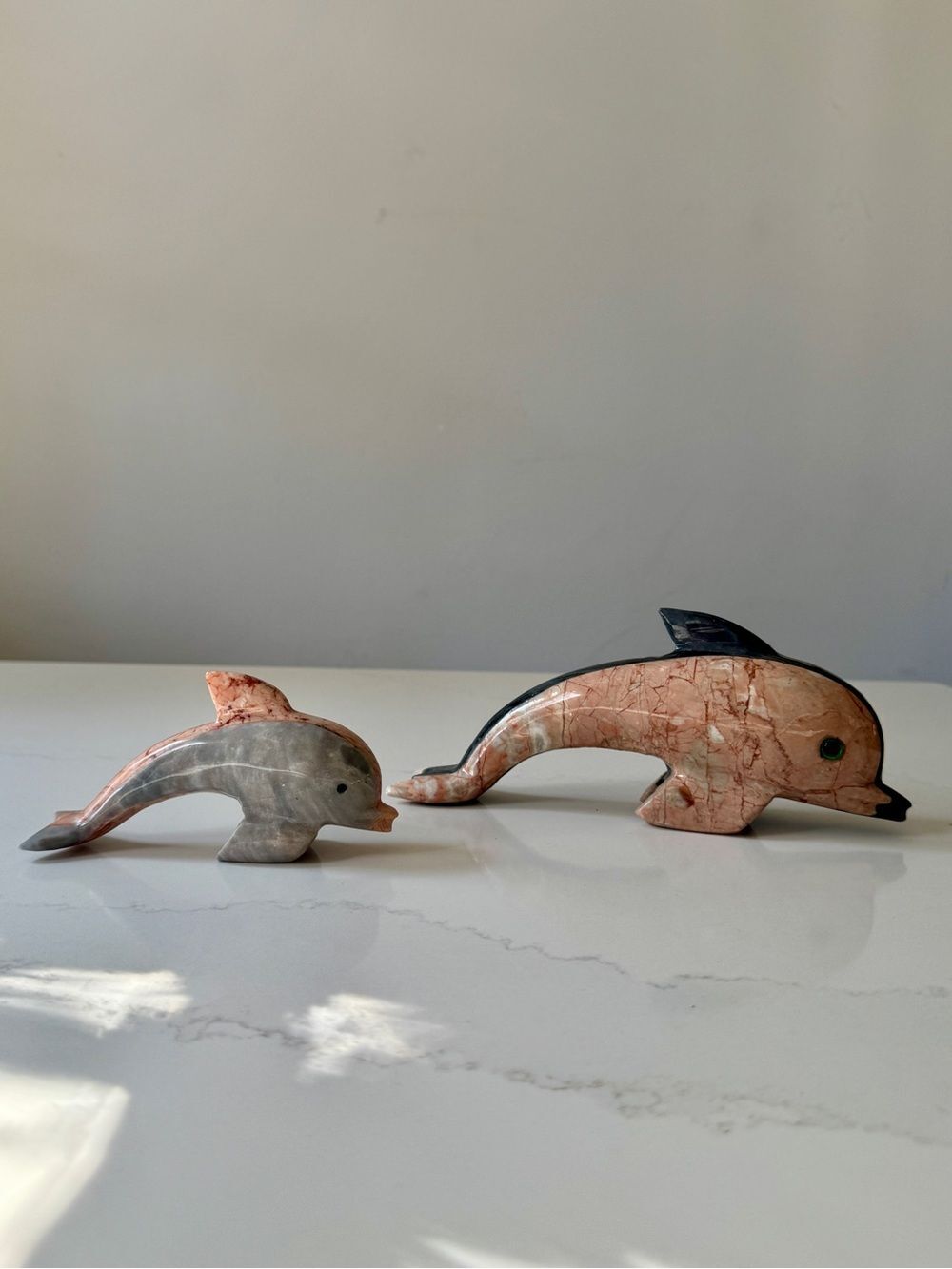 Set of 2 Vintage Carved Natural Stone Dolphin Figurines / Sculptures